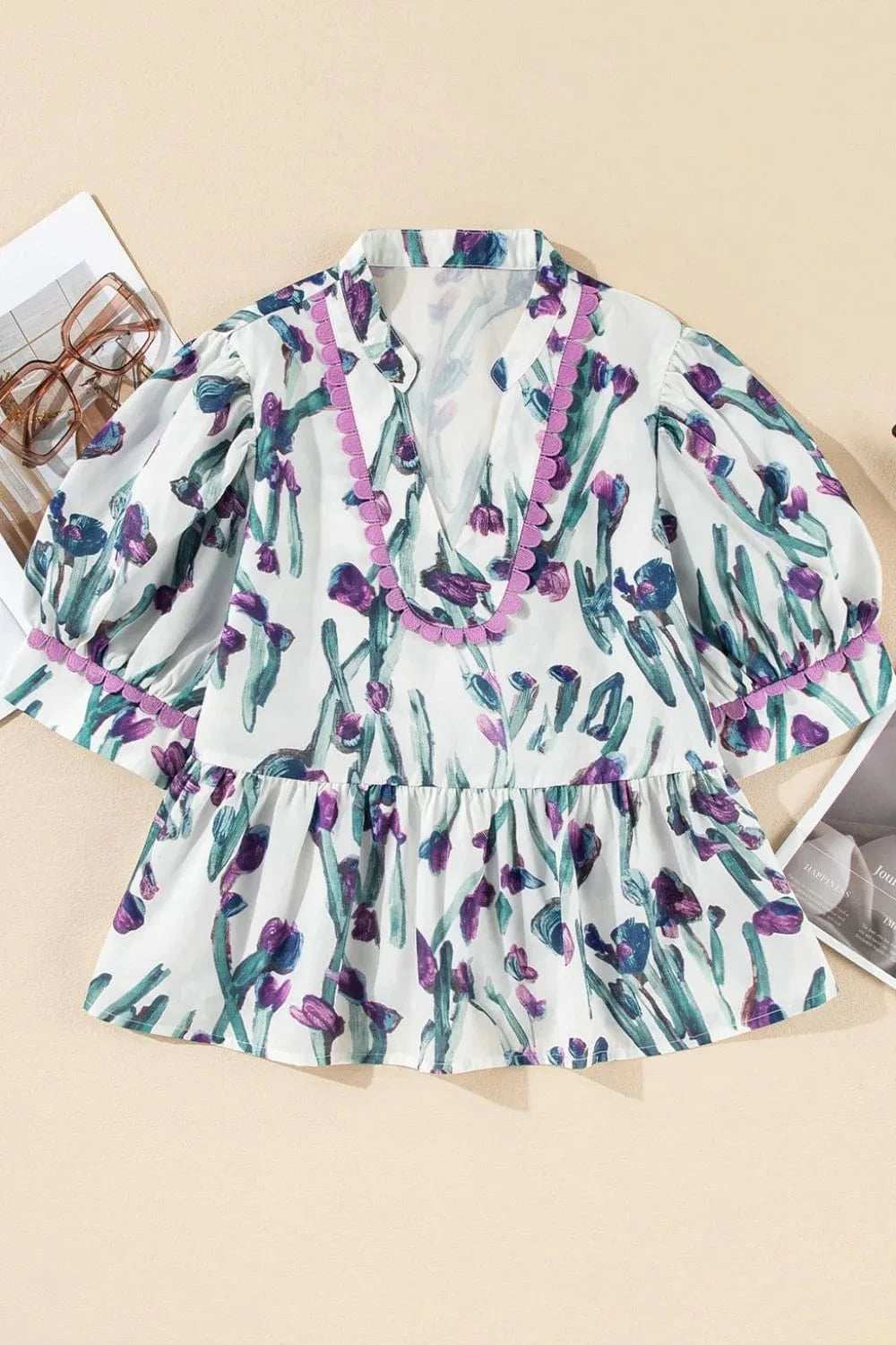 Floral Ricrac Trim Half Sleeve Peplum Top - Trendsi - Flyclothing LLC