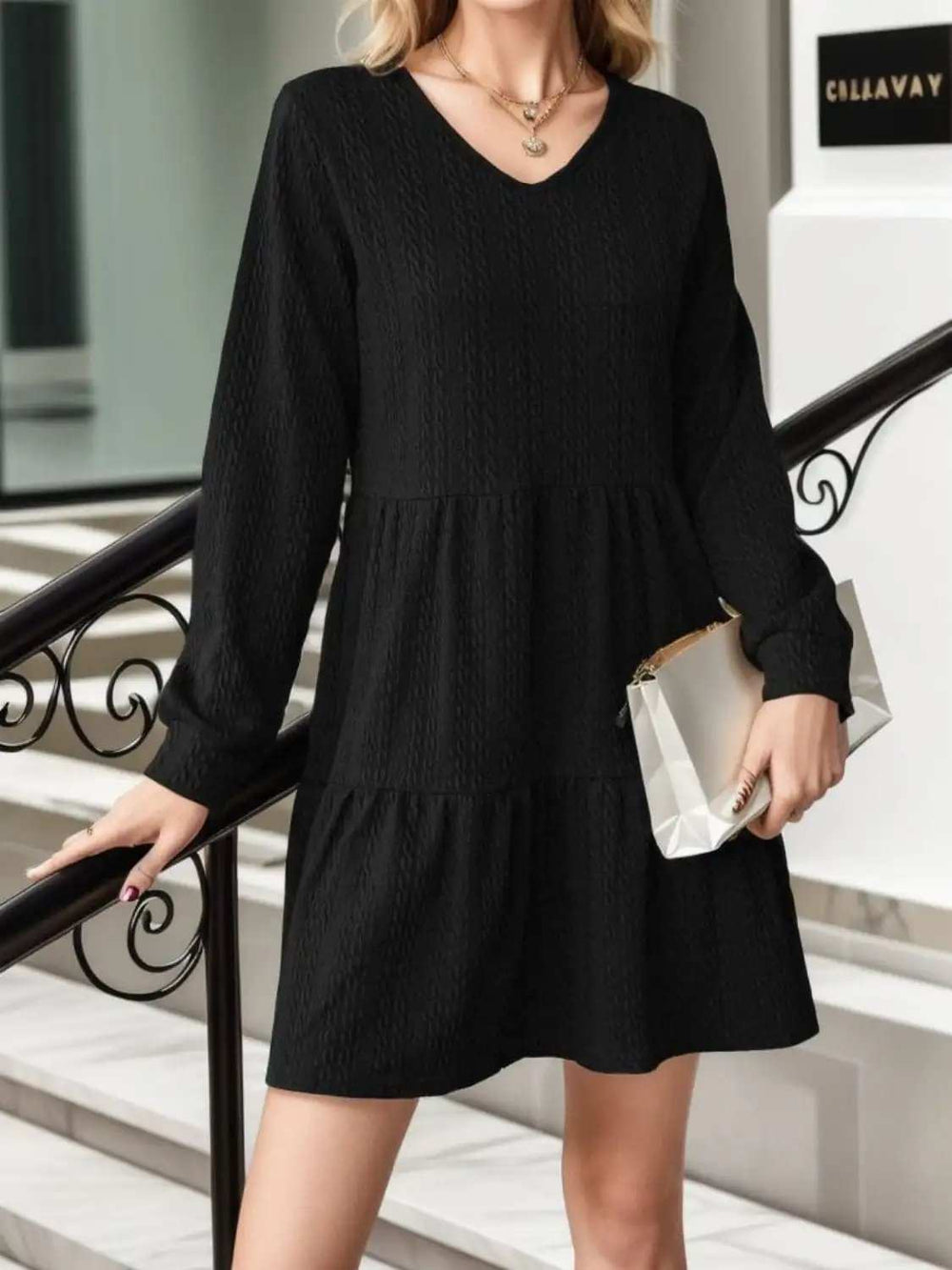 V-Neck Long Sleeve Mini Dress - Trendsi - Flyclothing LLC