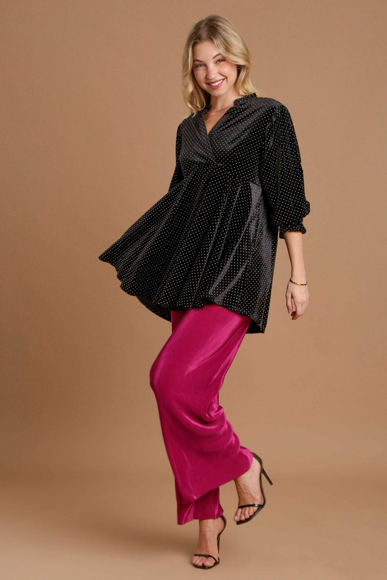 Umgee Full Size Beaded Frill Flounce Sleeve Velvet Babydoll Blouse - Trendsi - Flyclothing LLC