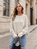 Round Neck Dropped Shoulder Long Sleeve Sweater - Trendsi - Flyclothing LLC