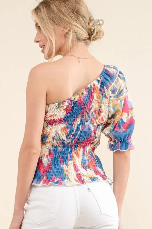 And The Why Allover Floral Print Smocked One Shoulder Blouse - Trendsi - Flyclothing LLC