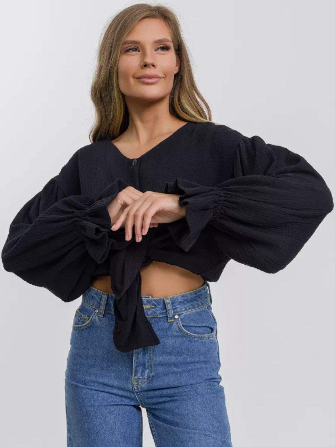Button Up Flounce Sleeve Shirt - Trendsi - Flyclothing LLC