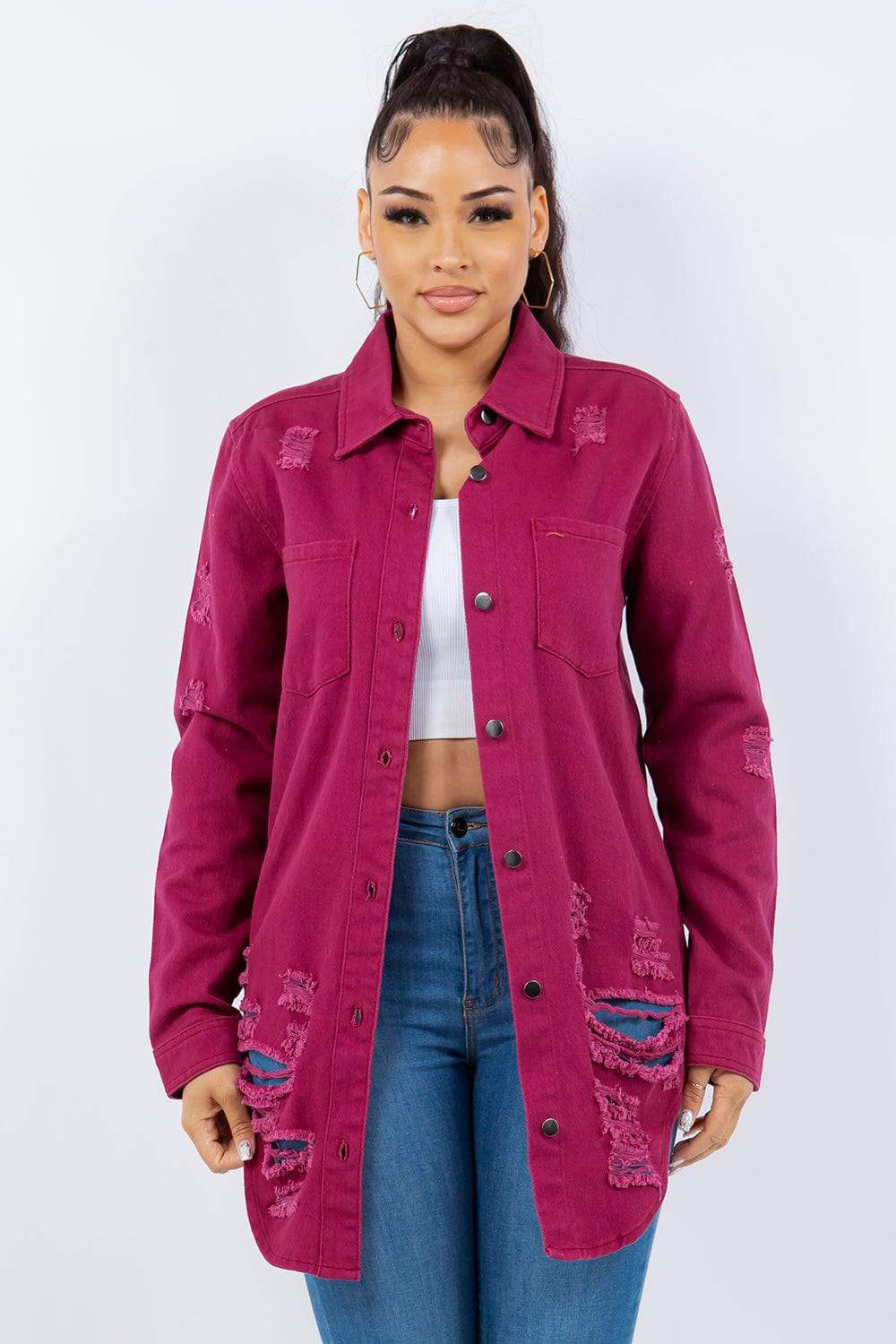 American Bazi Distressed Button Up Long Sleeve Denim Jacket - Trendsi - Flyclothing LLC