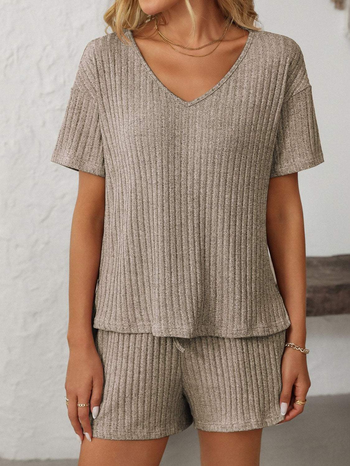 Mandy V-Neck Short Sleeve Top and Shorts Set - Trendsi - Flyclothing LLC