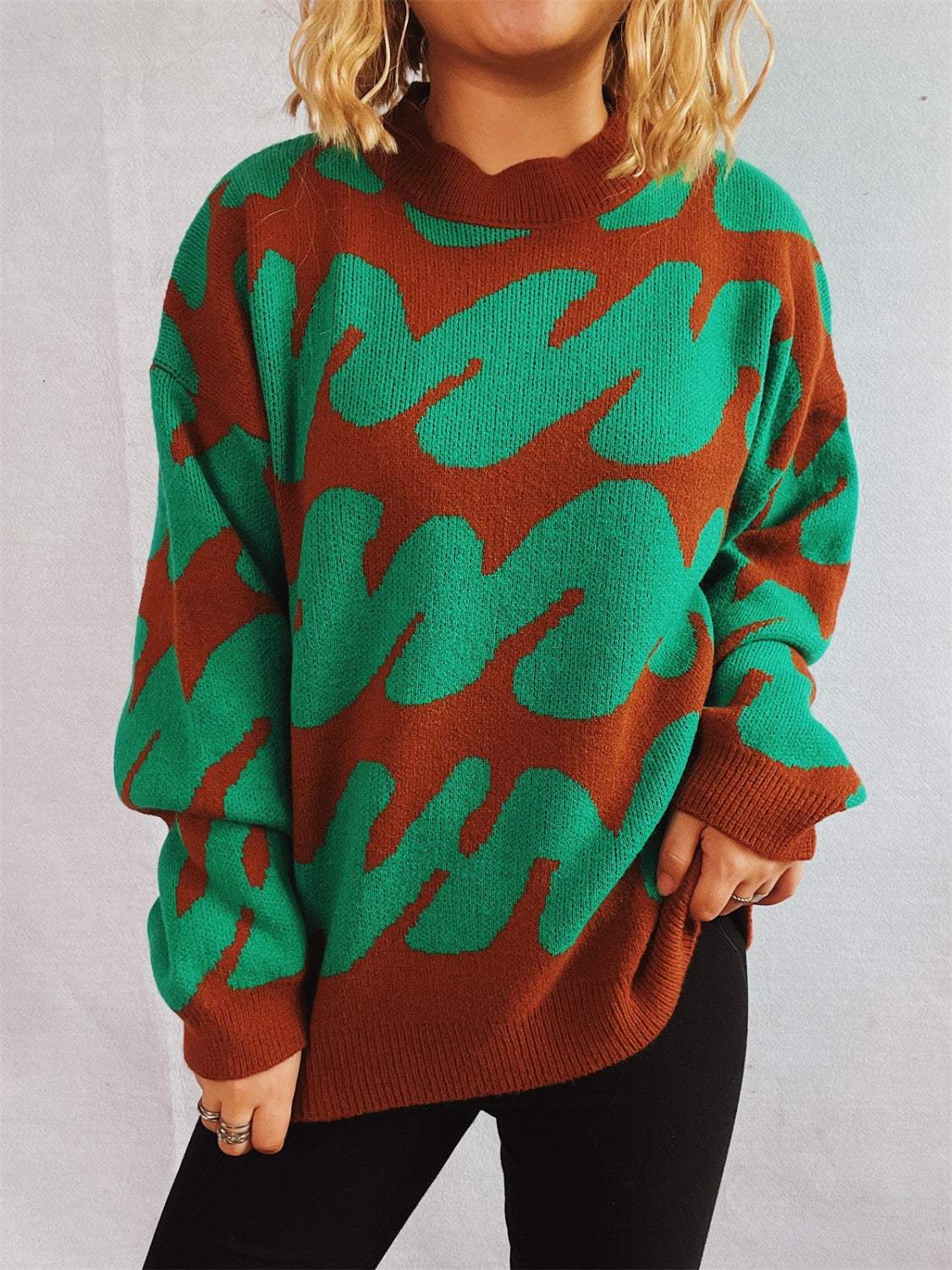 Contrast Round Neck Long Sleeve Sweater - Trendsi - Flyclothing LLC