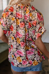 Floral Tie Neck Short Sleeve Blouse - Trendsi - Flyclothing LLC