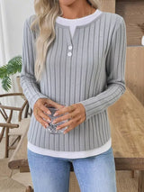 Ribbed Knit Long Sleeve Fake Two-Piece T-Shirt - Trendsi - Flyclothing LLC