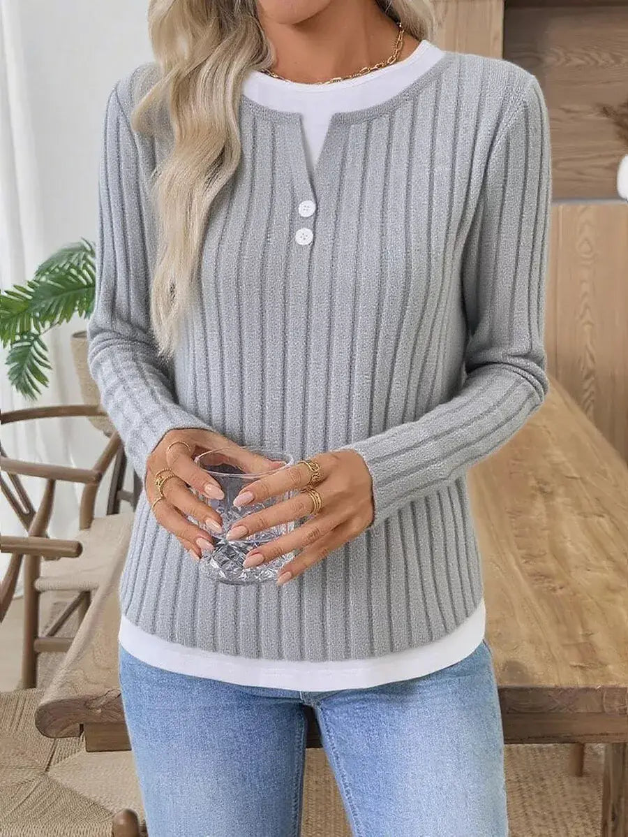 Ribbed Knit Long Sleeve Fake Two-Piece T-Shirt - Trendsi - Flyclothing LLC