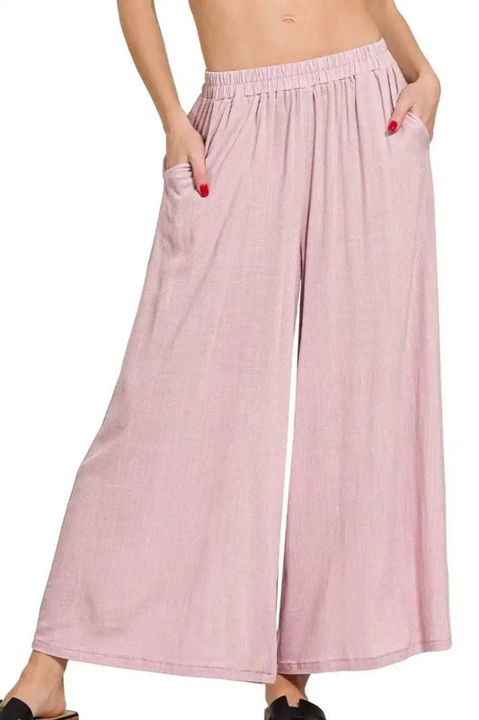 Zenana Woven Elastic Band Pants With Pocket - Trendsi - Flyclothing LLC