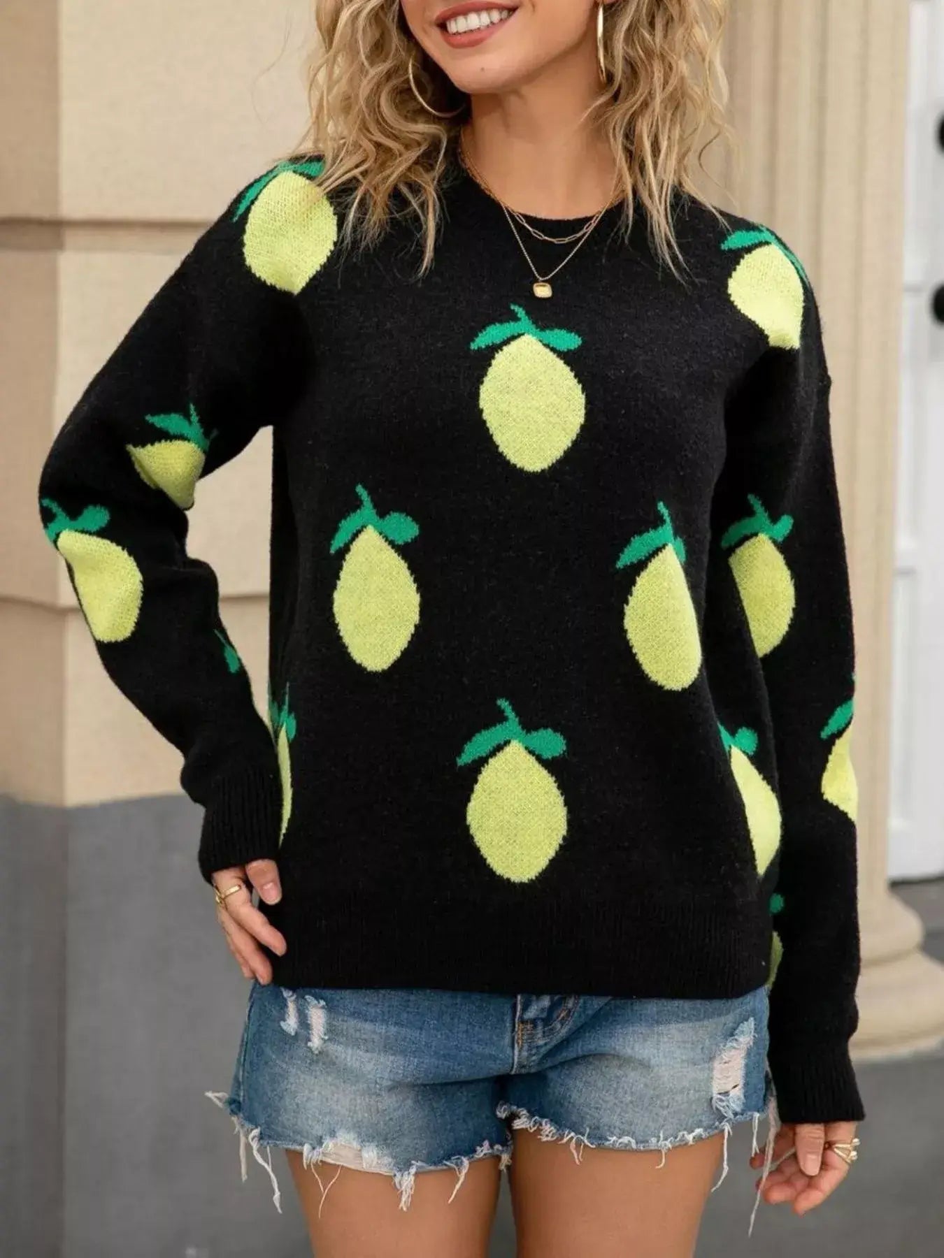 Lemon Crew Neck Round Neck Sweater - Trendsi - Flyclothing LLC