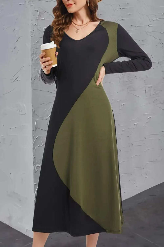 Contrast Long Sleeve Midi Dress - Trendsi - Flyclothing LLC