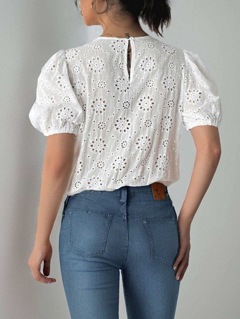Perfee Tied Eyelet Short Sleeve Bodysuit - Trendsi - Flyclothing LLC