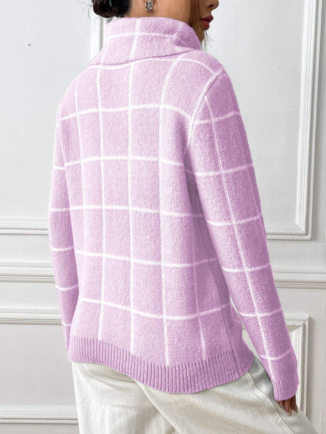 Plaid Turtleneck Long Sleeve Sweater - Trendsi - Flyclothing LLC