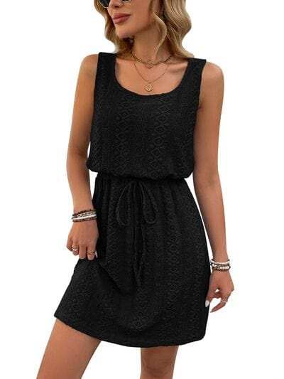 Eyelet Drawstring Round Neck Sleeveless Dress - Trendsi - Flyclothing LLC