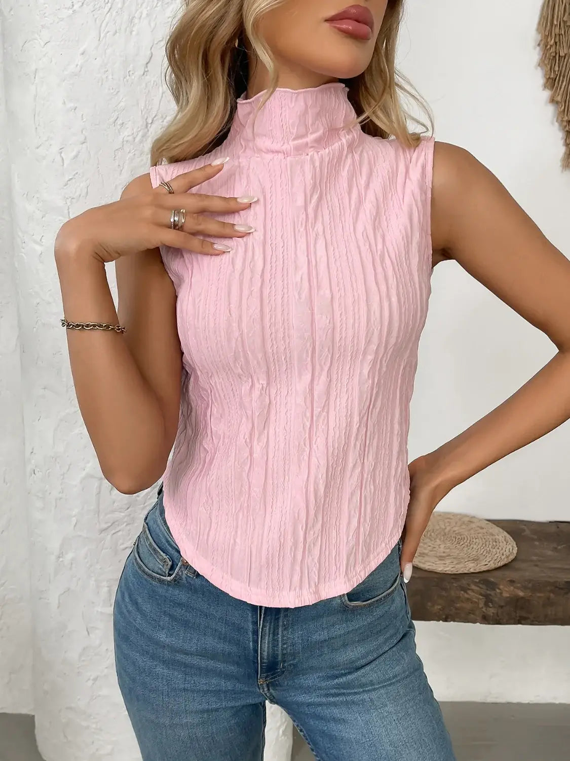 Texture Turtleneck Sleeveless Top - Trendsi - Flyclothing LLC
