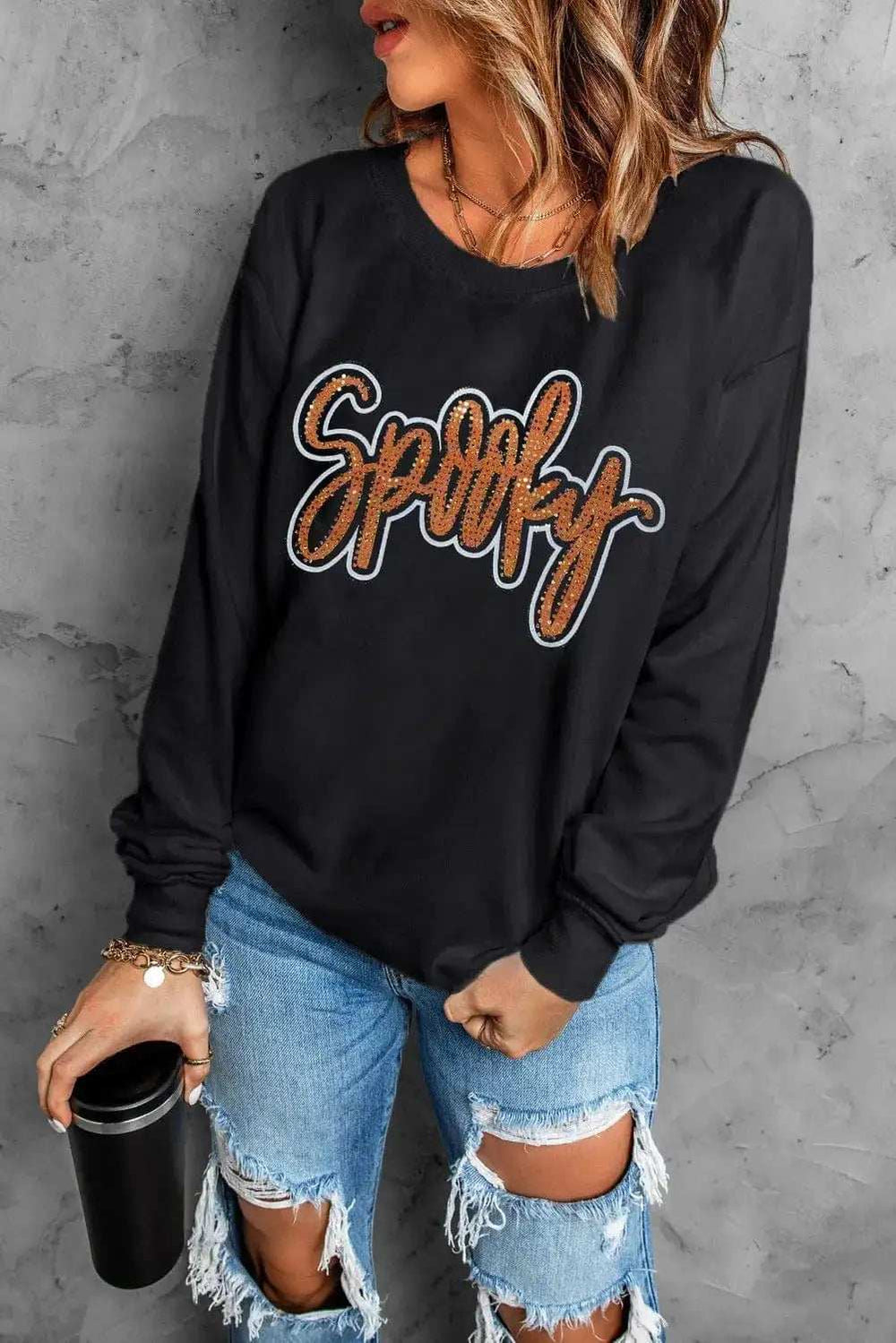 SPOOKY Rhinestone Round Neck Long Sleeve Sweatshirt - Trendsi - Flyclothing LLC