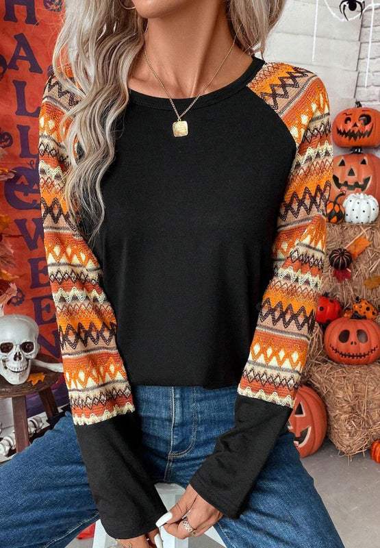 Printed Round Neck Raglan Sleeve Blouse - Trendsi - Flyclothing LLC