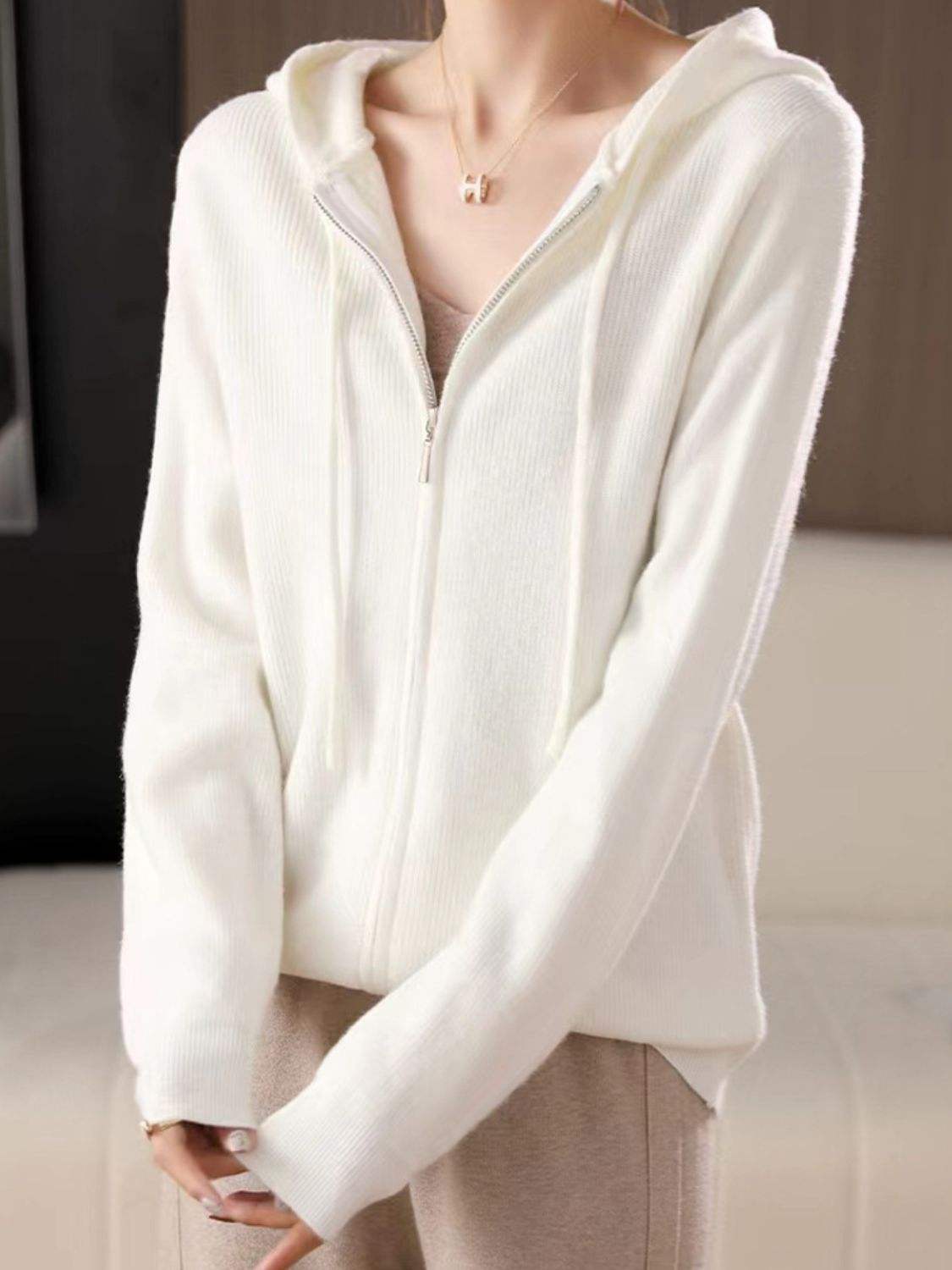 Drawstring Zip Up Long Sleeve Hooded Sweater - Trendsi - Flyclothing LLC