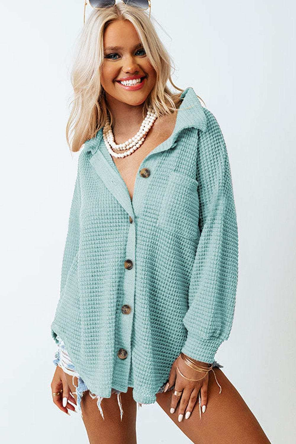 Waffle-Knit Collared Neck Long Sleeve Shirt - Trendsi - Flyclothing LLC