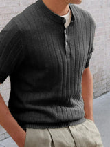 Men's Plus Size Ribbed Quarter Button Round Neck Striped Trim Polo - Trendsi - Flyclothing LLC