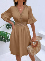 Cutout V-Neck Flounce Sleeve Mini Dress - Trendsi - Flyclothing LLC
