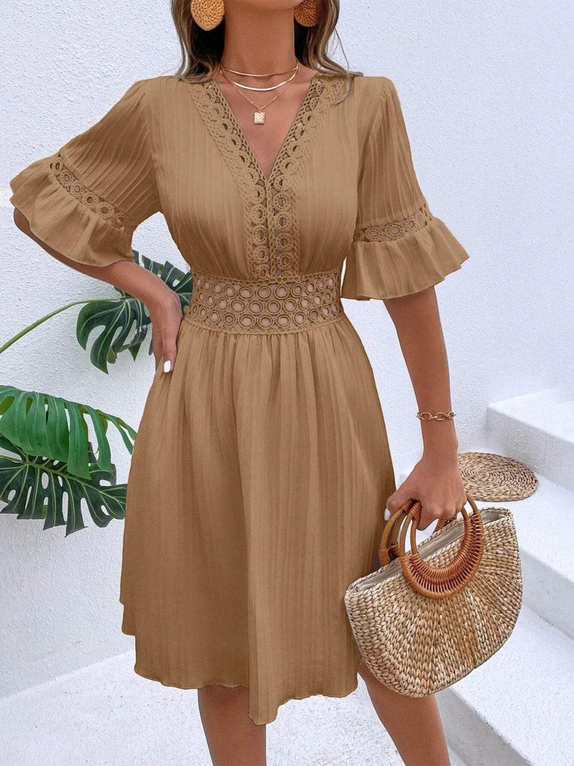 Cutout V-Neck Flounce Sleeve Mini Dress - Trendsi - Flyclothing LLC