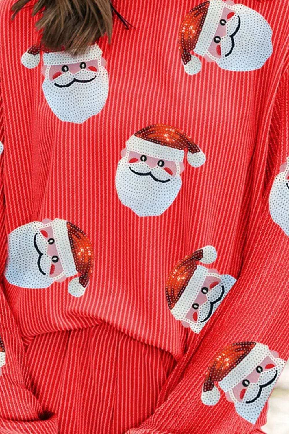 Sequin Santa Round Neck Long Sleeve Top and Shorts Set - Trendsi - Flyclothing LLC