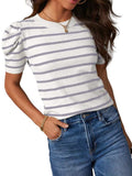 Striped Round Neck Puff Sleeve Knit Top - Trendsi - Flyclothing LLC
