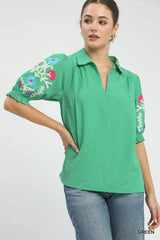 Umgee Seersucker Embroidered Sleeve Blouse - Trendsi - Flyclothing LLC