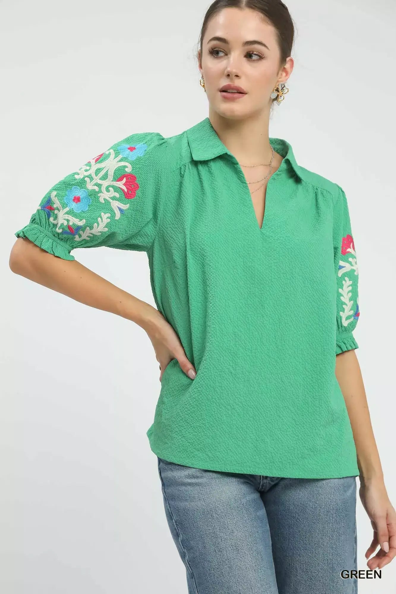 Umgee Seersucker Embroidered Sleeve Blouse - Trendsi - Flyclothing LLC