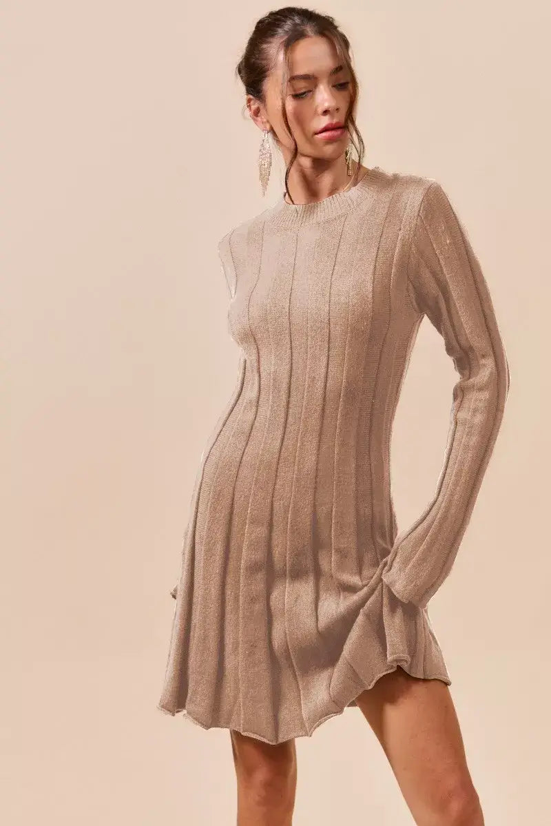 SO ME Ribbed Long Sleeve Mini Sweater Dress - Trendsi - Flyclothing LLC