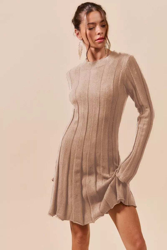 SO ME Ribbed Long Sleeve Mini Sweater Dress - Trendsi - Flyclothing LLC