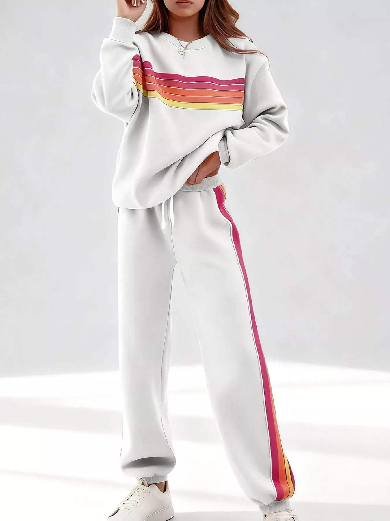 Striped Round Neck Sweatshirt and Pants Set - Trendsi - Flyclothing LLC