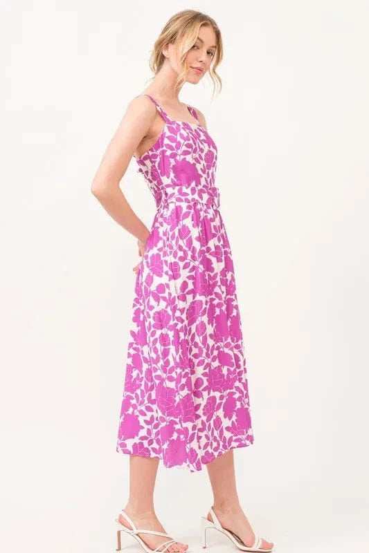 And The Why Square Neck Belted Floral Printed Midi Dress - Trendsi - Flyclothing LLC