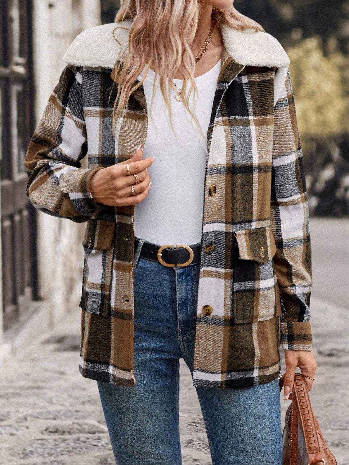 Perfee Pocketed Plaid Button Up Collared Neck Jacket - Trendsi - Flyclothing LLC