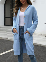 Pocketed Button Up Long Sleeve Hooded Cardigan - Trendsi - Flyclothing LLC