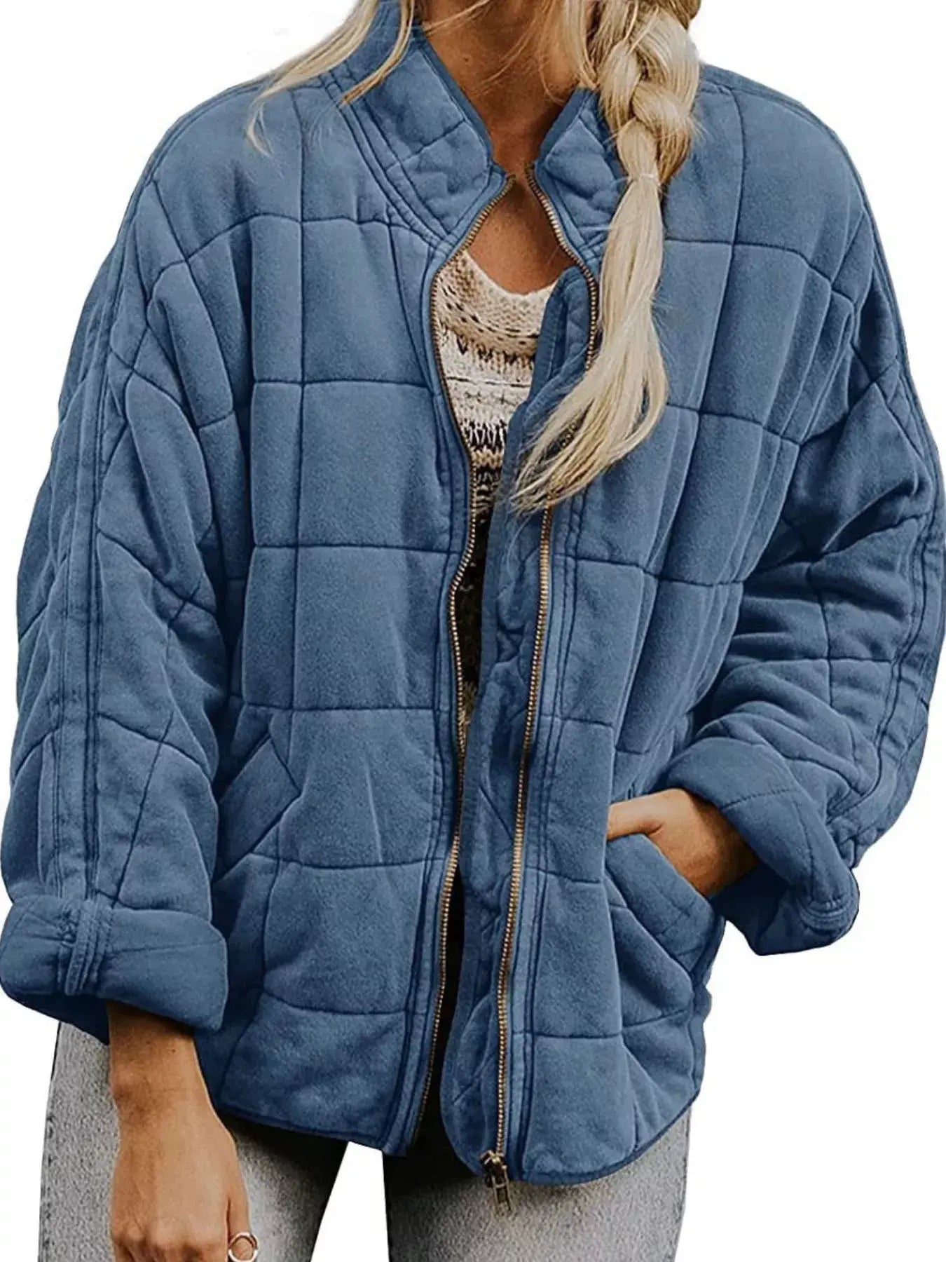 Full Size Zip Up Quilted Bomber Jacket Plus Size - Trendsi - Flyclothing LLC