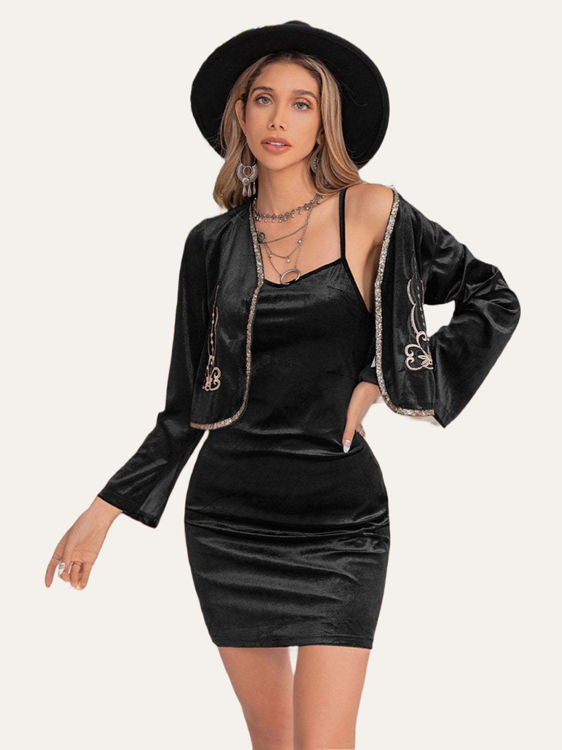 Embroidered Open Front Cardigan and Cami Dress Set - Trendsi - Flyclothing LLC