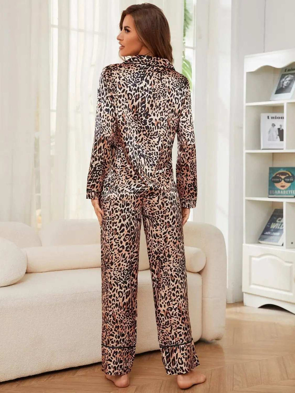 Leopard Button Up Long Sleeve Top and Pants Lounge Set - Trendsi - Flyclothing LLC