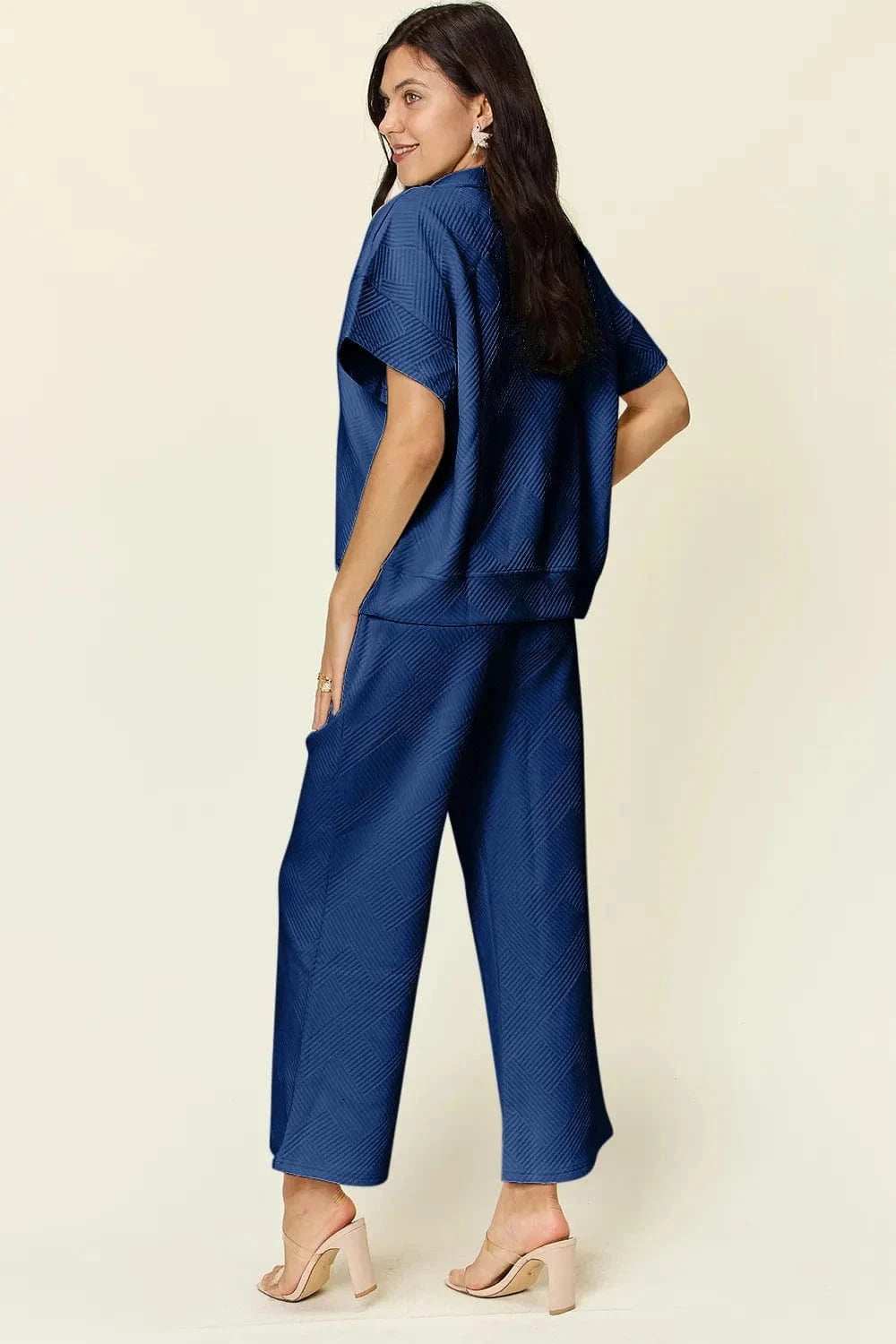 Double Take Full Size Texture Half Zip Short Sleeve Top and Pants Set - Trendsi - Flyclothing LLC