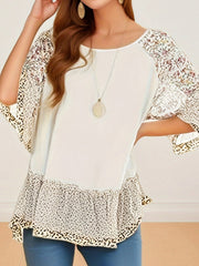 Full Size Frill Printed Round Neck Half Sleeve Blouse - Trendsi