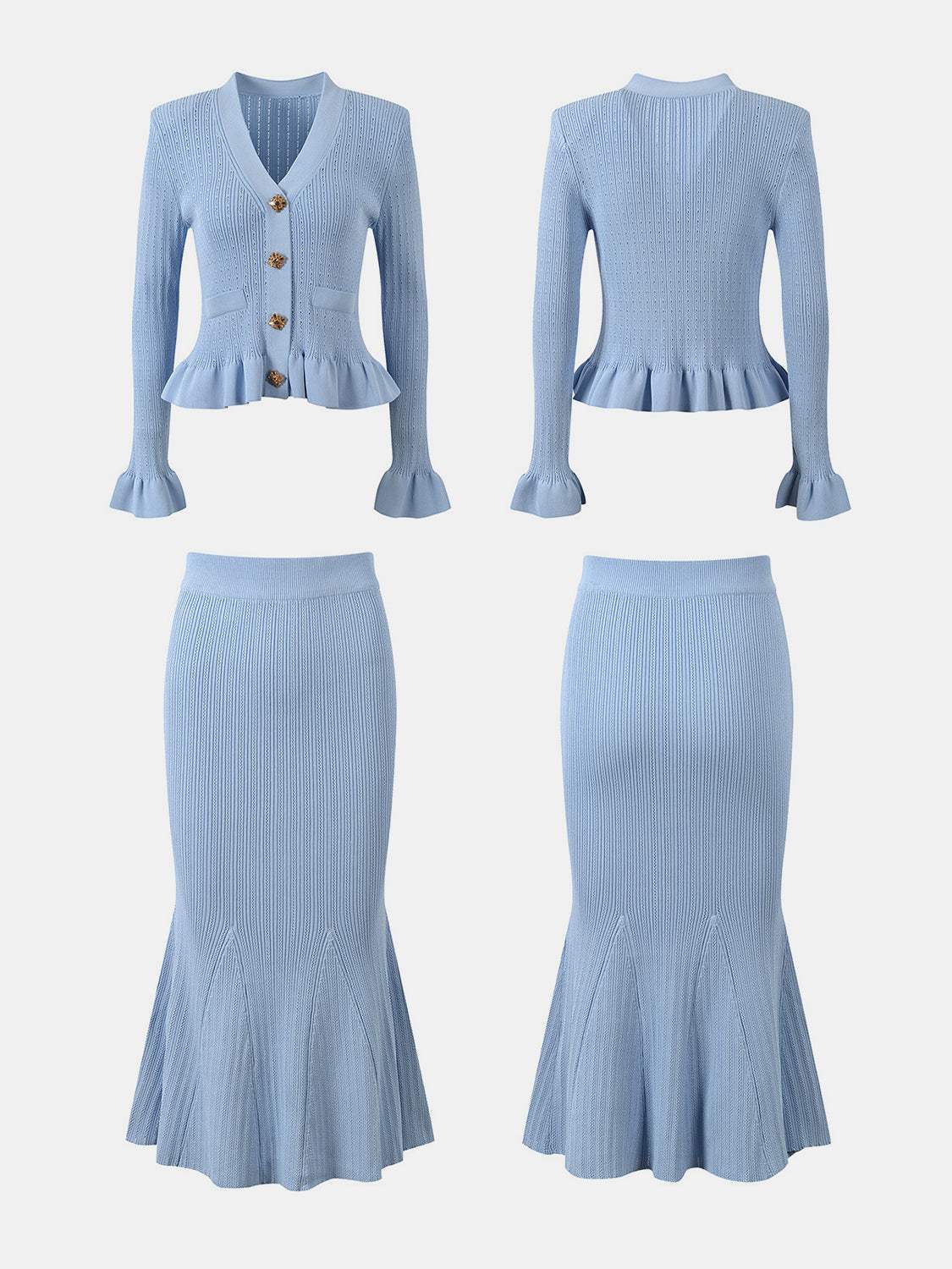 Ruffled V-Neck Top and Midi Skirt Sweater Set - Trendsi - Flyclothing LLC