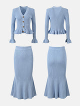 Ruffled V-Neck Top and Midi Skirt Sweater Set - Trendsi - Flyclothing LLC