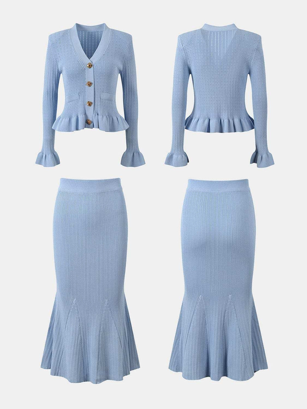 Ruffled V-Neck Top and Midi Skirt Sweater Set - Trendsi - Flyclothing LLC