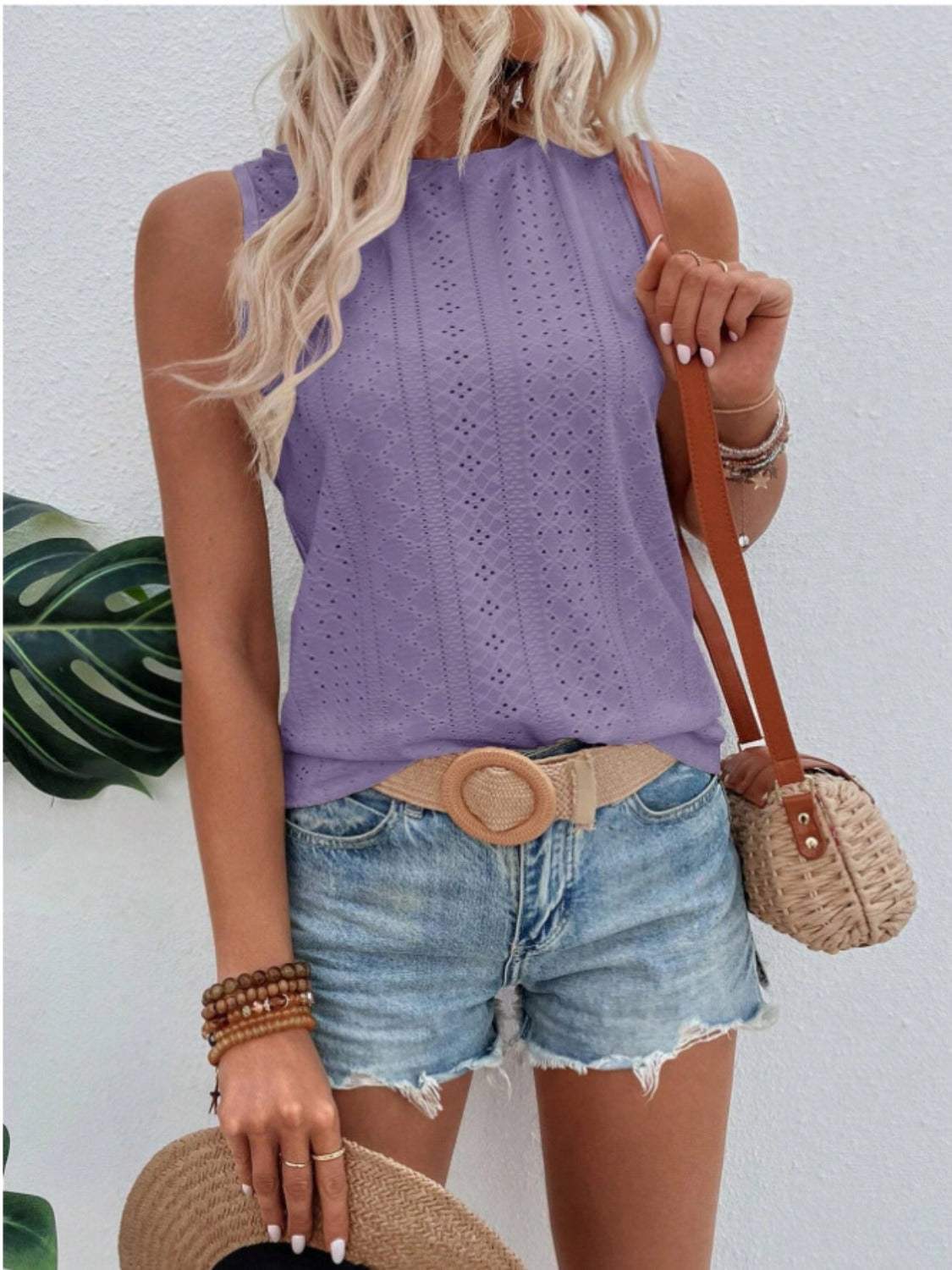 Eyelet Round Neck Tank - Trendsi - Flyclothing LLC