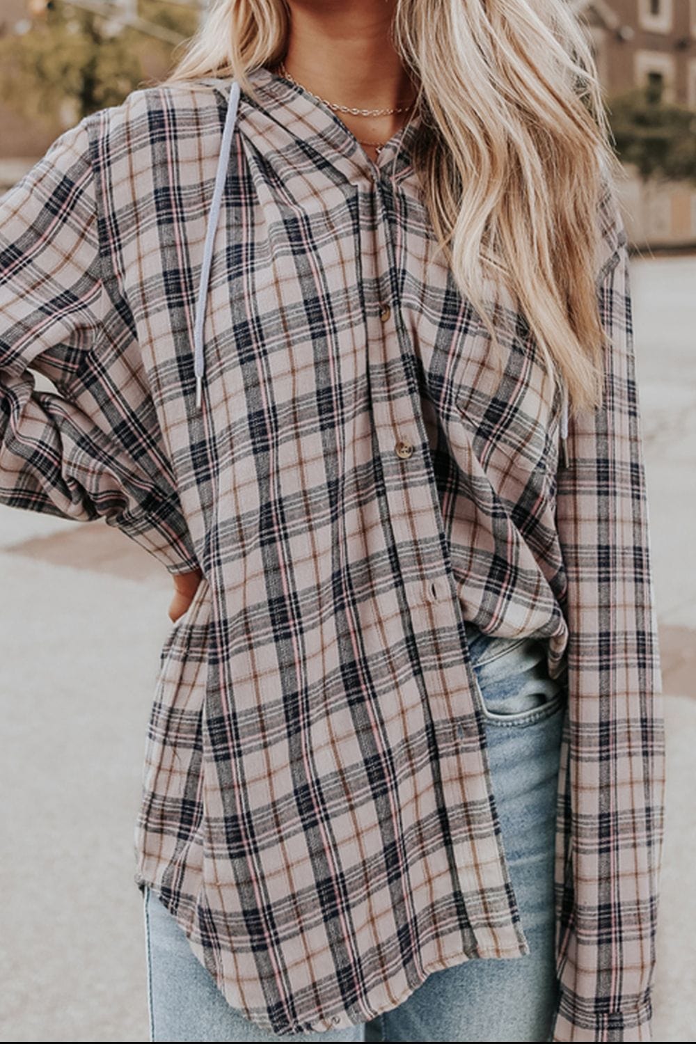 Drawstring Plaid Hooded Long Sleeve Shirt - Trendsi