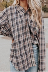 Drawstring Plaid Hooded Long Sleeve Shirt - Trendsi