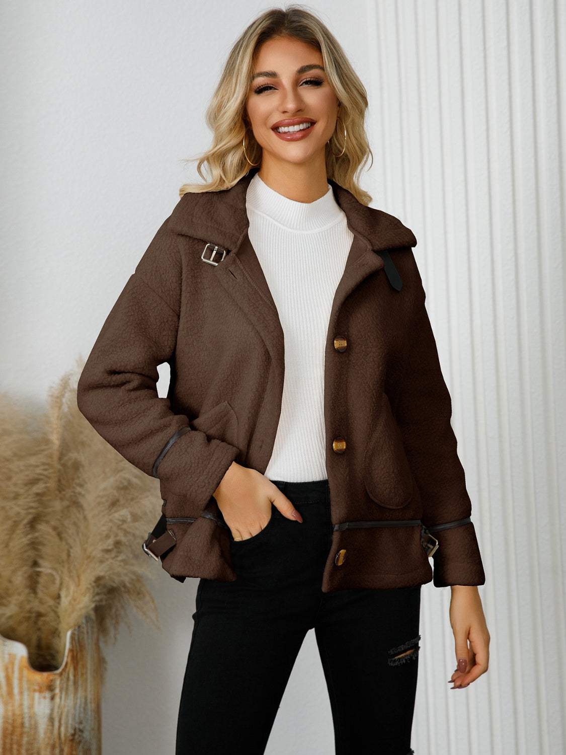 Pocketed Button Down Collared Neck Jacket - Trendsi - Flyclothing LLC