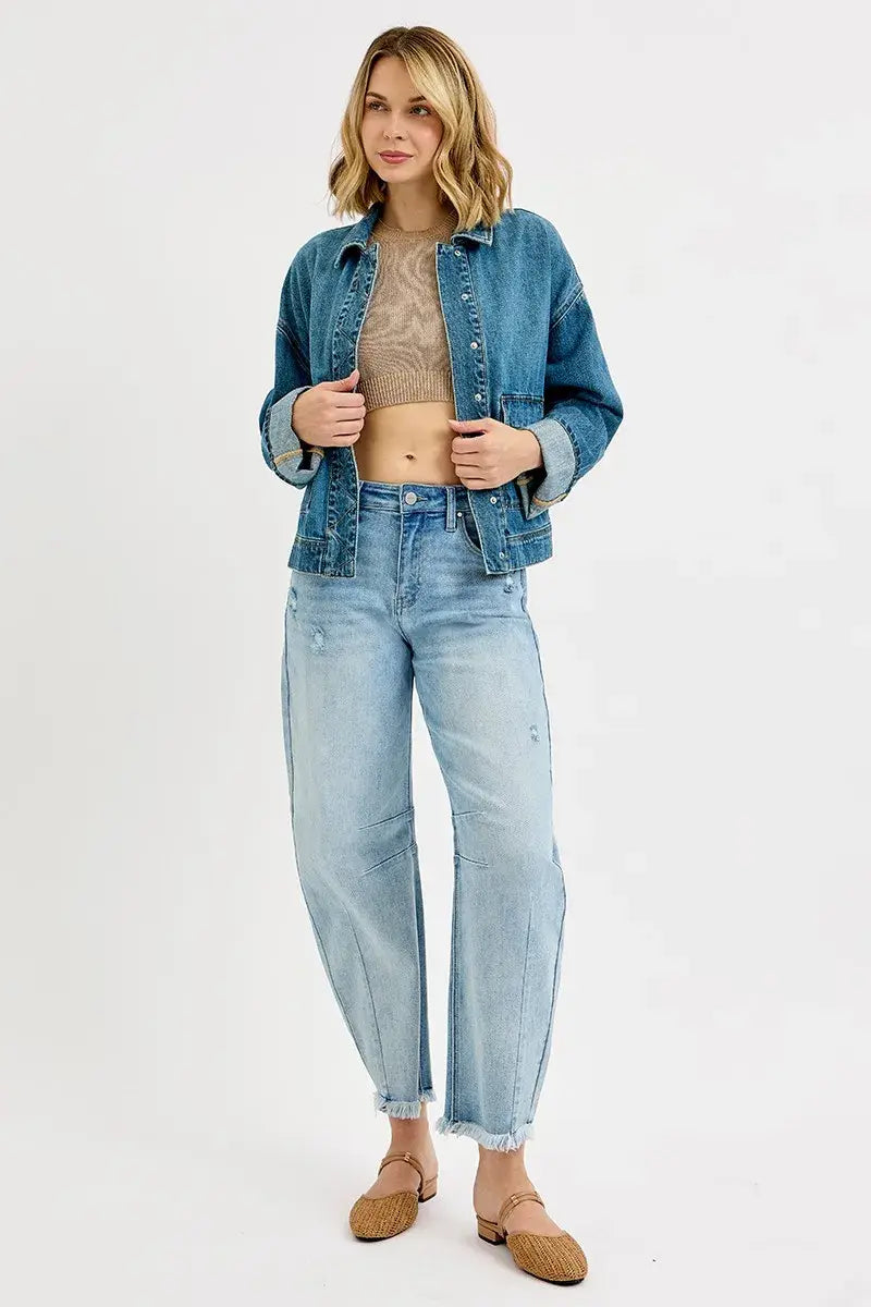RISEN Oversized Cargo Pocket Denim Jacket with Cuffed Sleeves - Trendsi - Flyclothing LLC