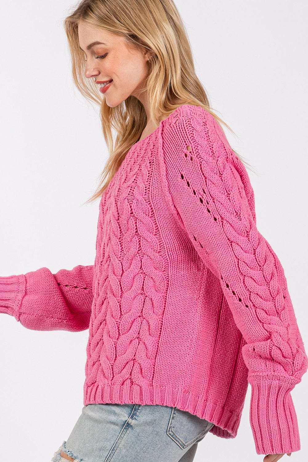 SAGE + FIG Cable-Knit Long Sleeve Sweater - Trendsi - Flyclothing LLC